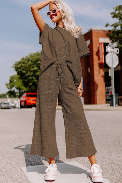 Cozy Brown Ribbed Textured Lounge Set with Wide Leg Pants