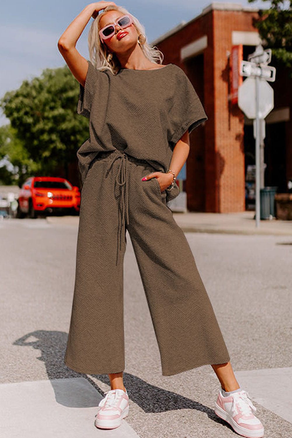 Cozy Brown Ribbed Textured Lounge Set with Wide Leg Pants