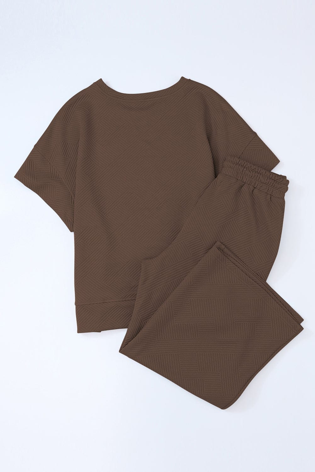 Cozy Brown Ribbed Textured Lounge Set with Wide Leg Pants