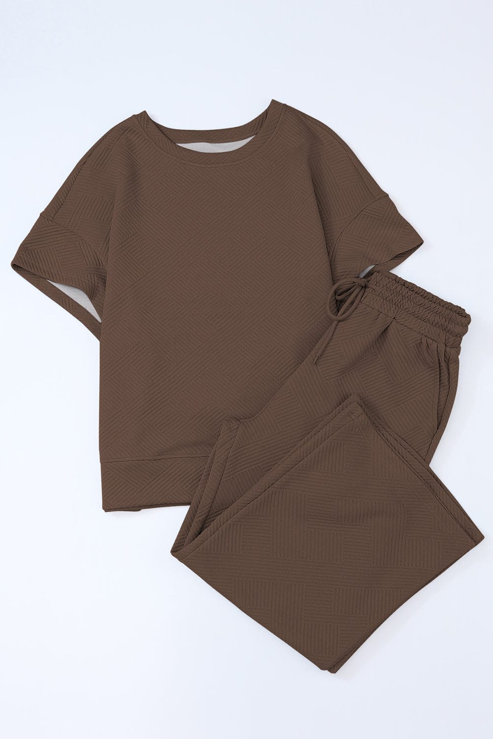 Cozy Brown Ribbed Textured Lounge Set with Wide Leg Pants