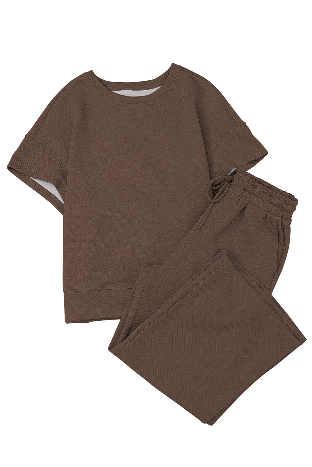 Cozy Brown Ribbed Textured Lounge Set with Wide Leg Pants