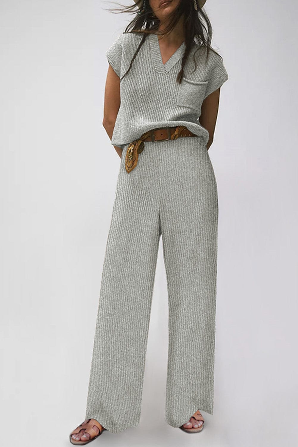 Cozy Gray Knit V Neck Sweater and Casual Pants Ensemble