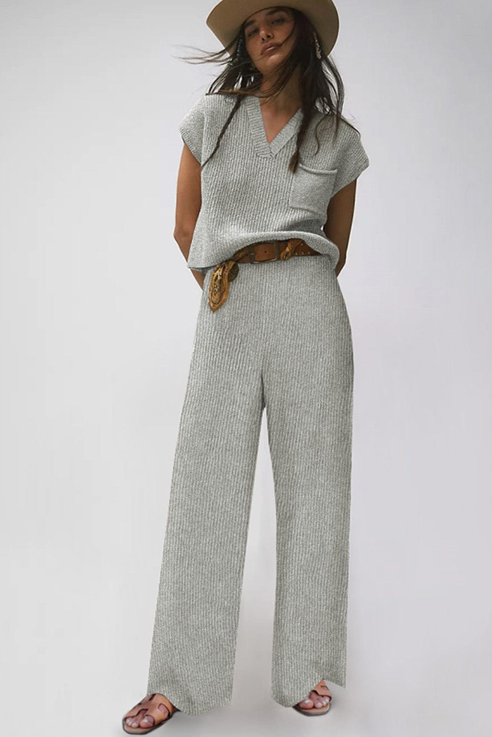 Cozy Gray Knit V Neck Sweater and Casual Pants Ensemble