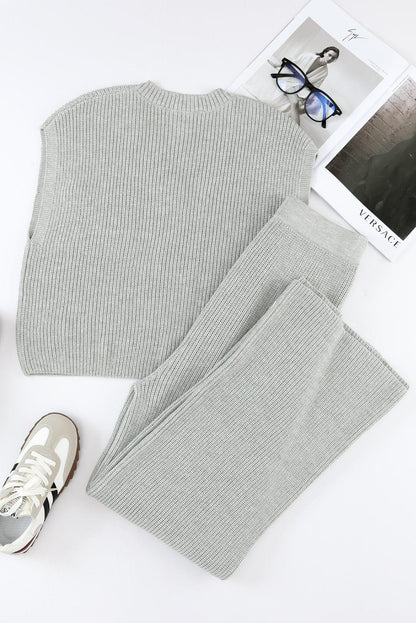 Cozy Gray Knit V Neck Sweater and Casual Pants Ensemble