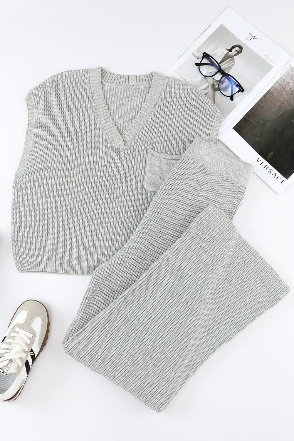 Cozy Gray Knit V Neck Sweater and Casual Pants Ensemble