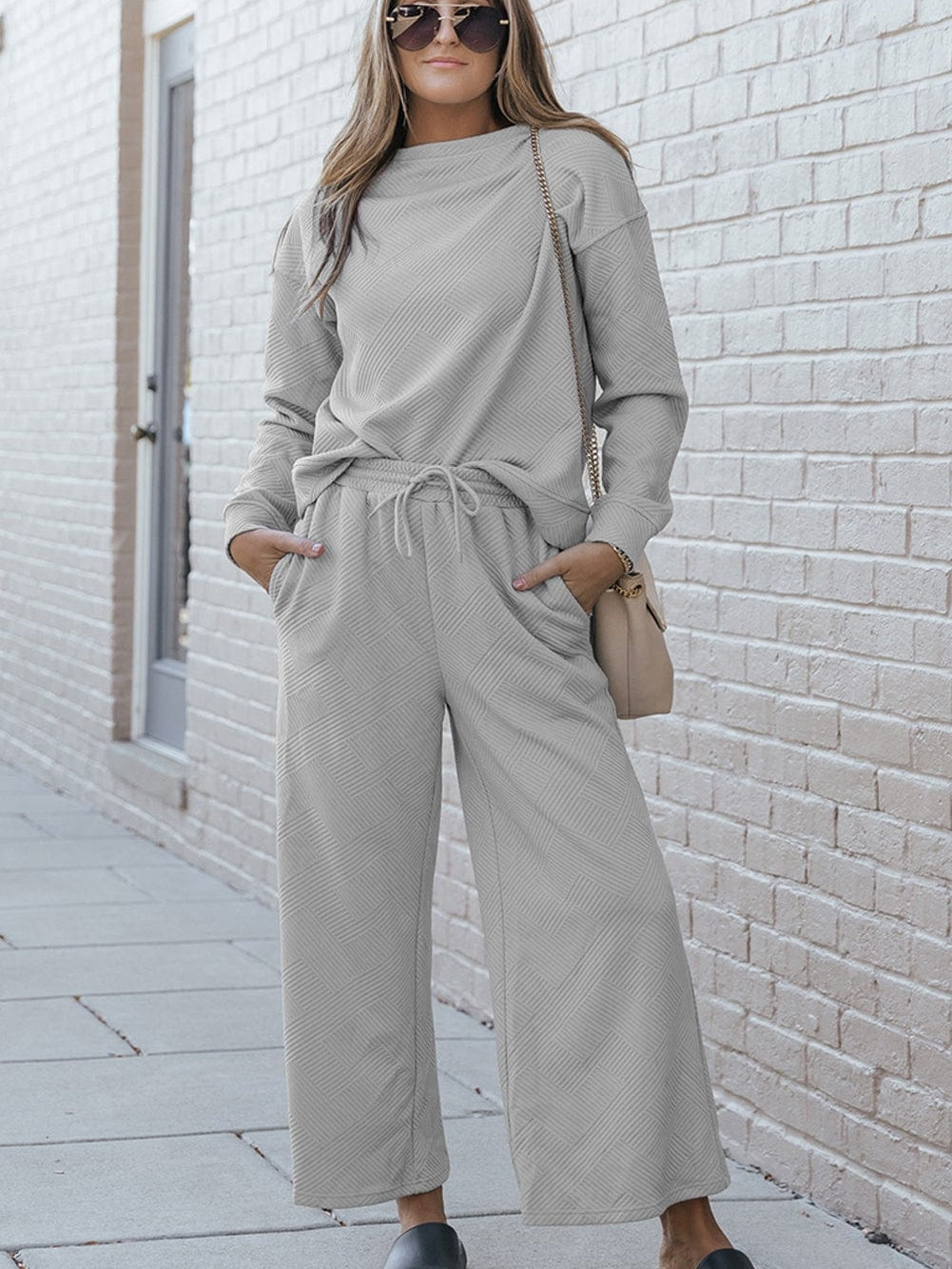 Cozy Gray Ribbed 2-Piece Lounge Set with Drawstrings