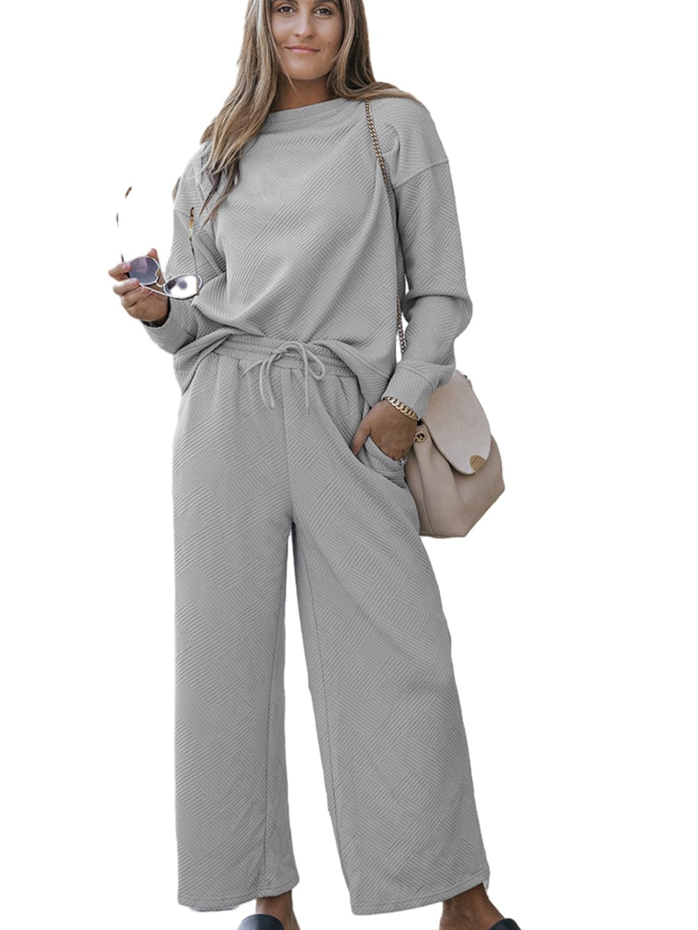 Cozy Gray Ribbed 2-Piece Lounge Set with Drawstrings