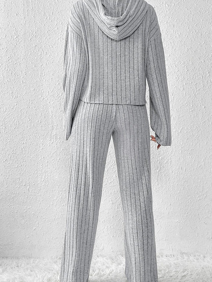 Cozy Gray Ribbed Knit Hoodie and Wide Leg Pants Ensemble