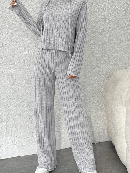 Cozy Gray Ribbed Knit Hoodie and Wide Leg Pants Ensemble