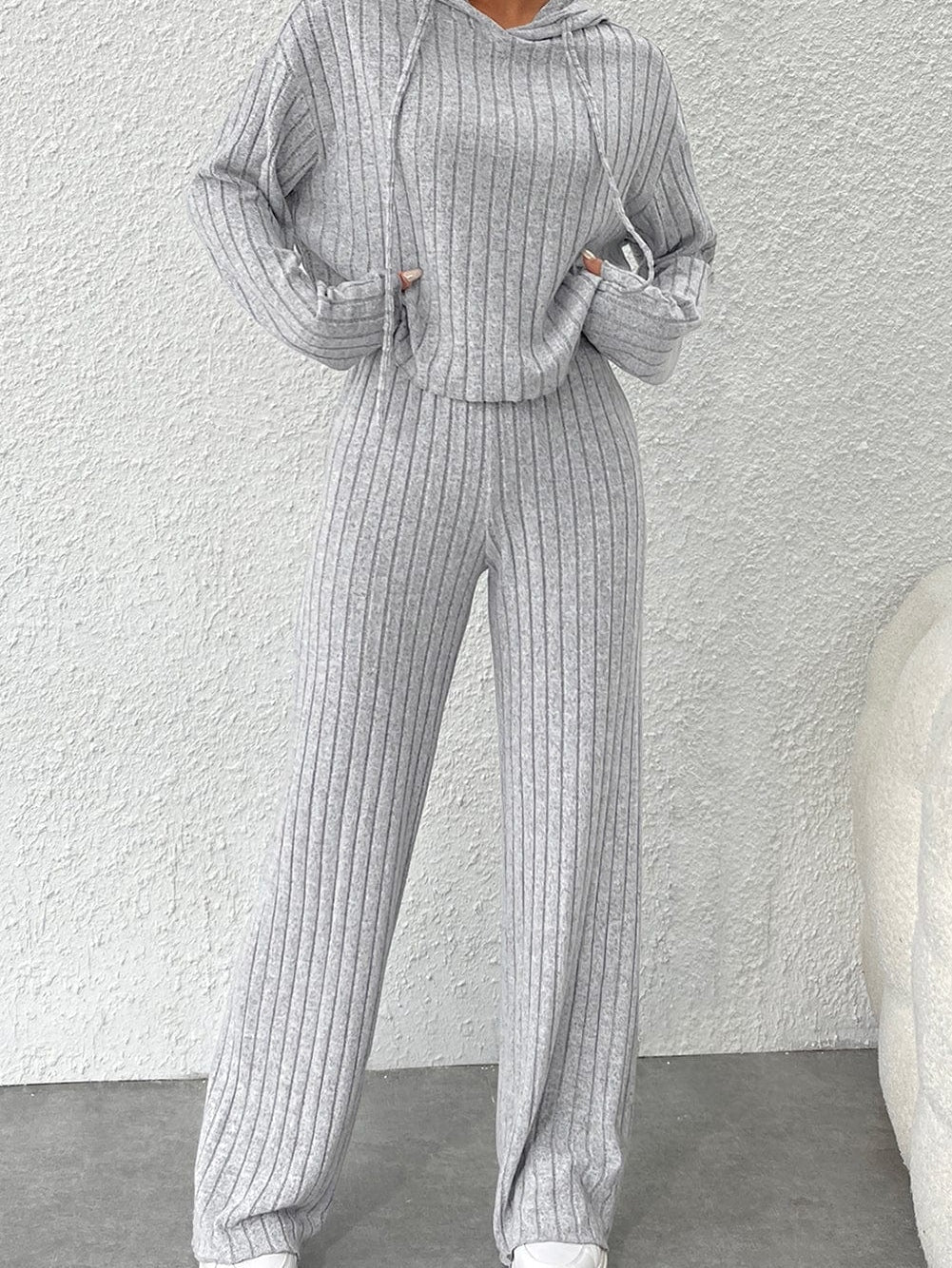 Cozy Gray Ribbed Knit Hoodie and Wide Leg Pants Ensemble