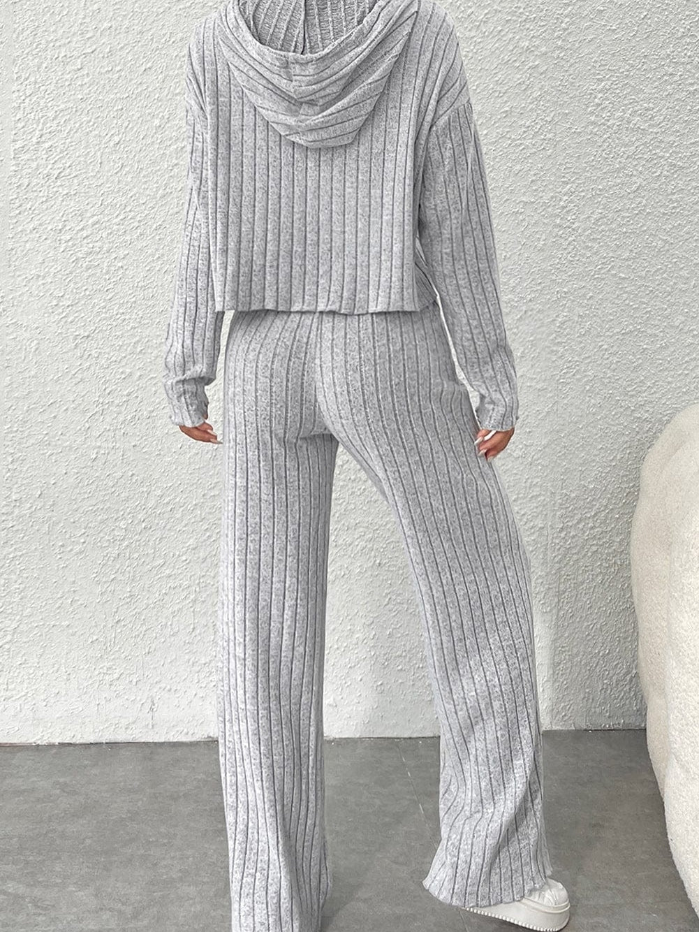 Cozy Gray Ribbed Knit Hoodie and Wide Leg Pants Ensemble