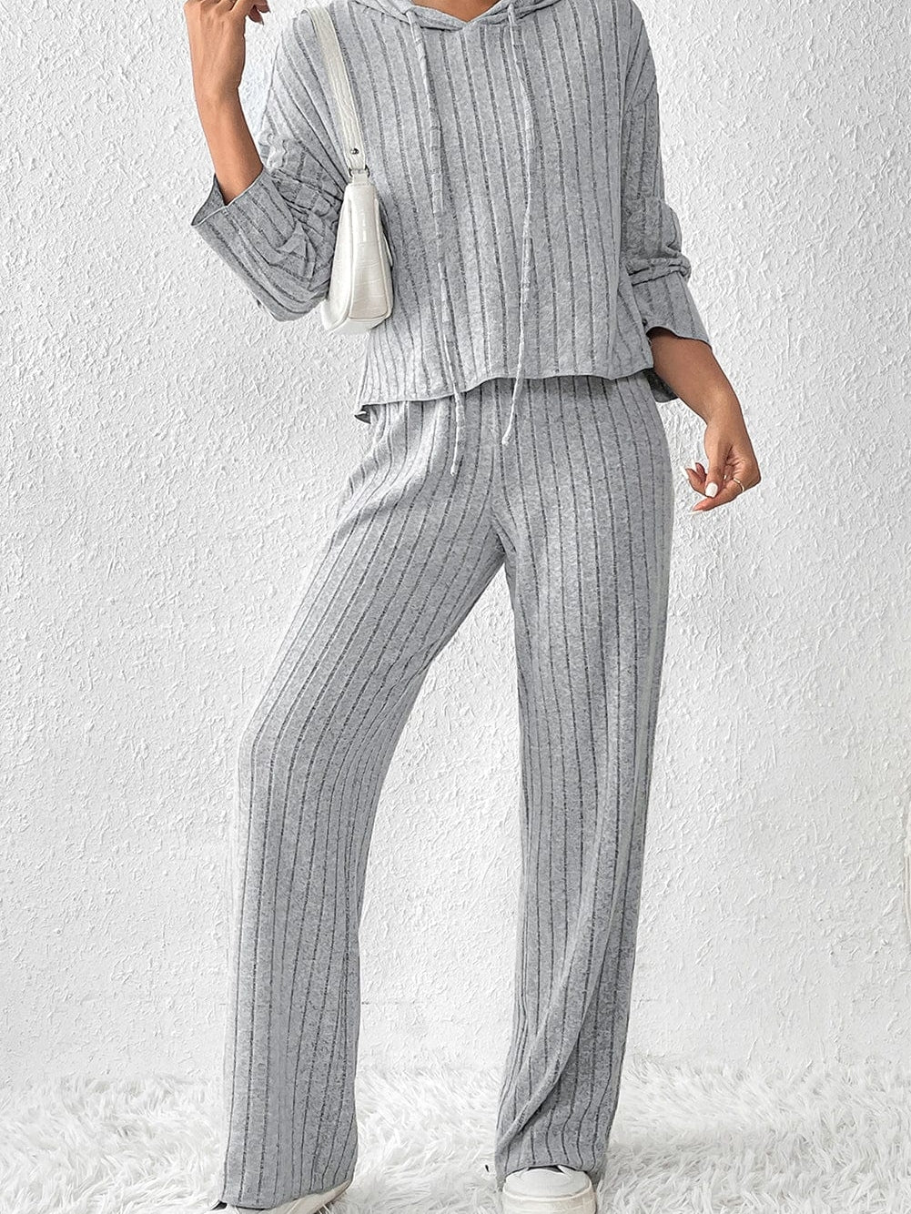 Cozy Gray Ribbed Knit Hoodie and Wide Leg Pants Ensemble