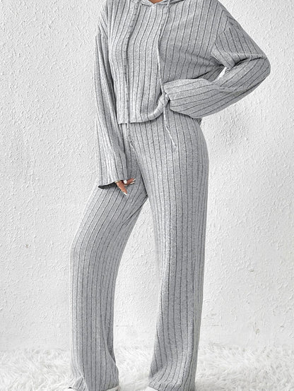 Cozy Gray Ribbed Knit Hoodie and Wide Leg Pants Ensemble