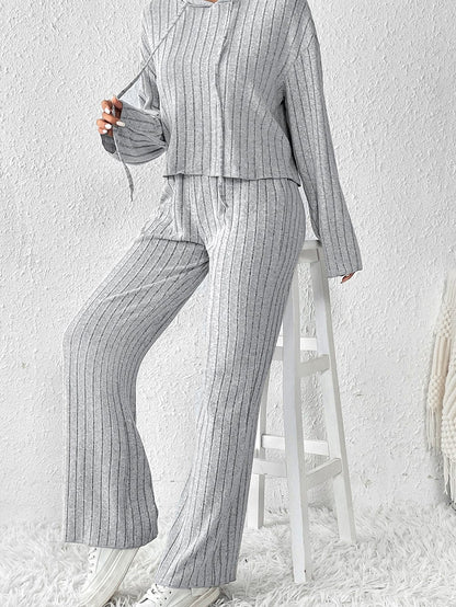 Cozy Gray Ribbed Knit Hoodie and Wide Leg Pants Ensemble