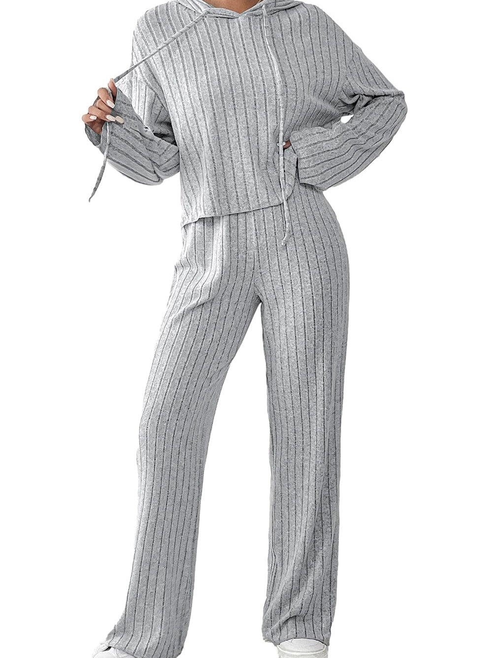 Cozy Gray Ribbed Knit Hoodie and Wide Leg Pants Ensemble