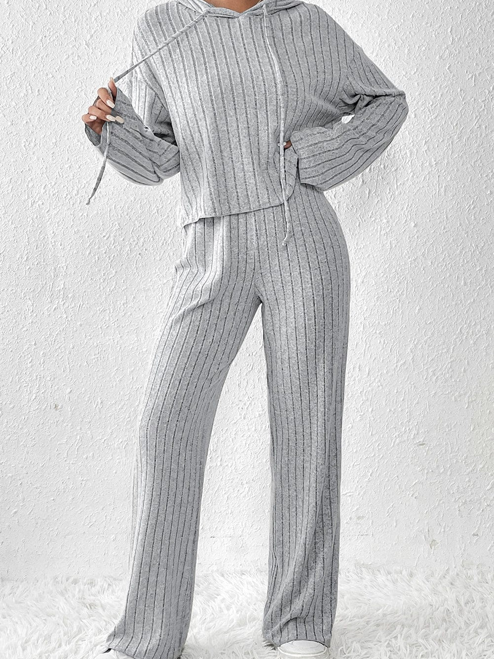 Cozy Gray Ribbed Knit Hoodie and Wide Leg Pants Ensemble