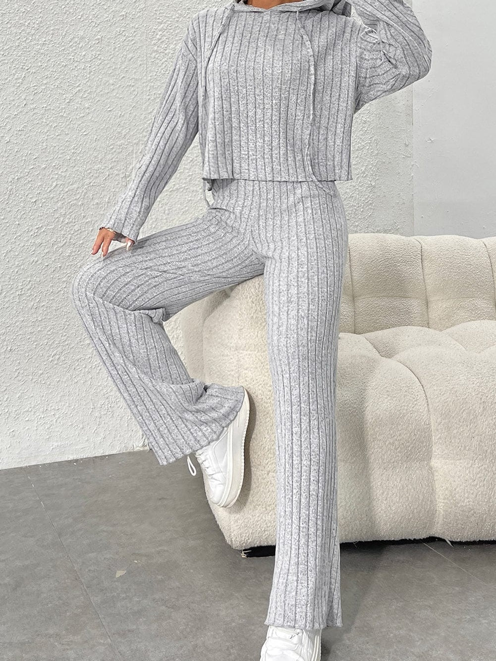 Cozy Gray Ribbed Knit Hoodie and Wide Leg Pants Ensemble