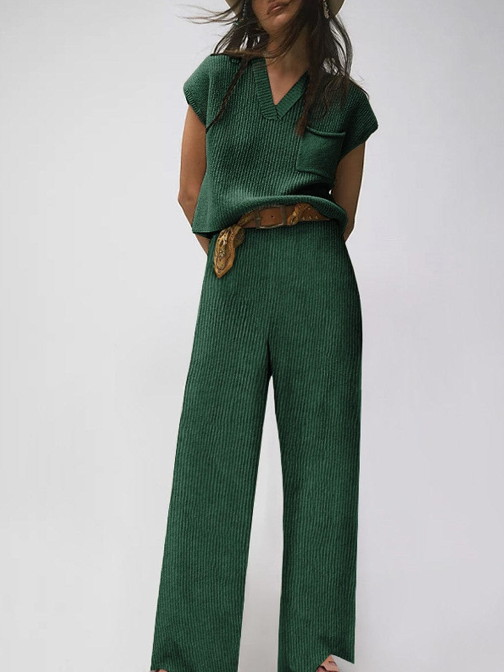 Cozy Green Ribbed Knit Two-Piece Set with V Neck Sweater and Wide Leg Pants