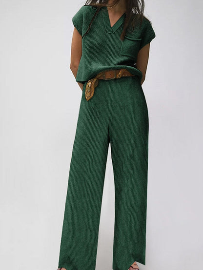 Cozy Green Ribbed Knit Two-Piece Set with V Neck Sweater and Wide Leg Pants