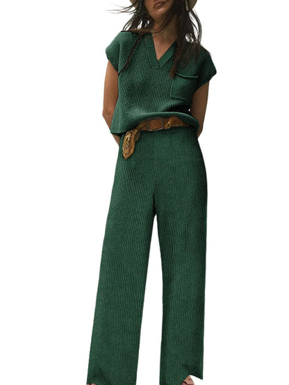 Cozy Green Ribbed Knit Two-Piece Set with V Neck Sweater and Wide Leg Pants