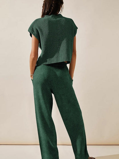 Cozy Green Ribbed Knit Two-Piece Set with V Neck Sweater and Wide Leg Pants