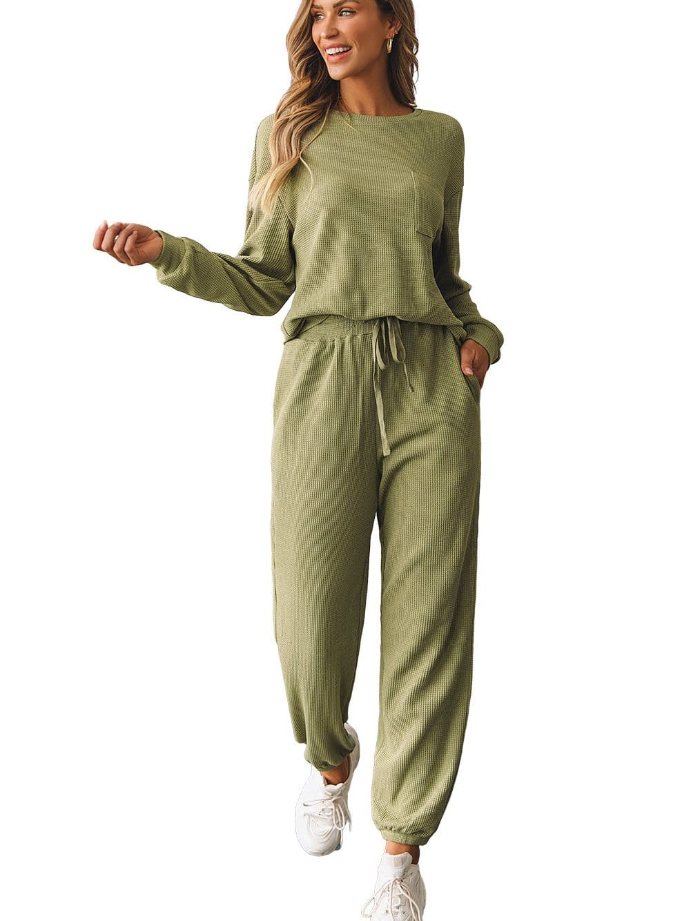 Cozy Green Waffle Knit Lounge Set with Long Sleeve Top and Drawstring Joggers