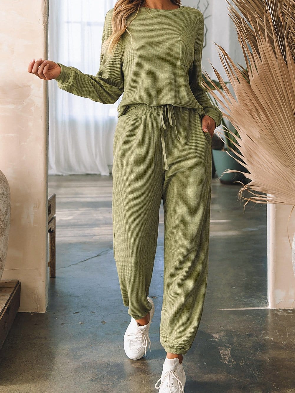 Cozy Green Waffle Knit Lounge Set with Long Sleeve Top and Drawstring Joggers