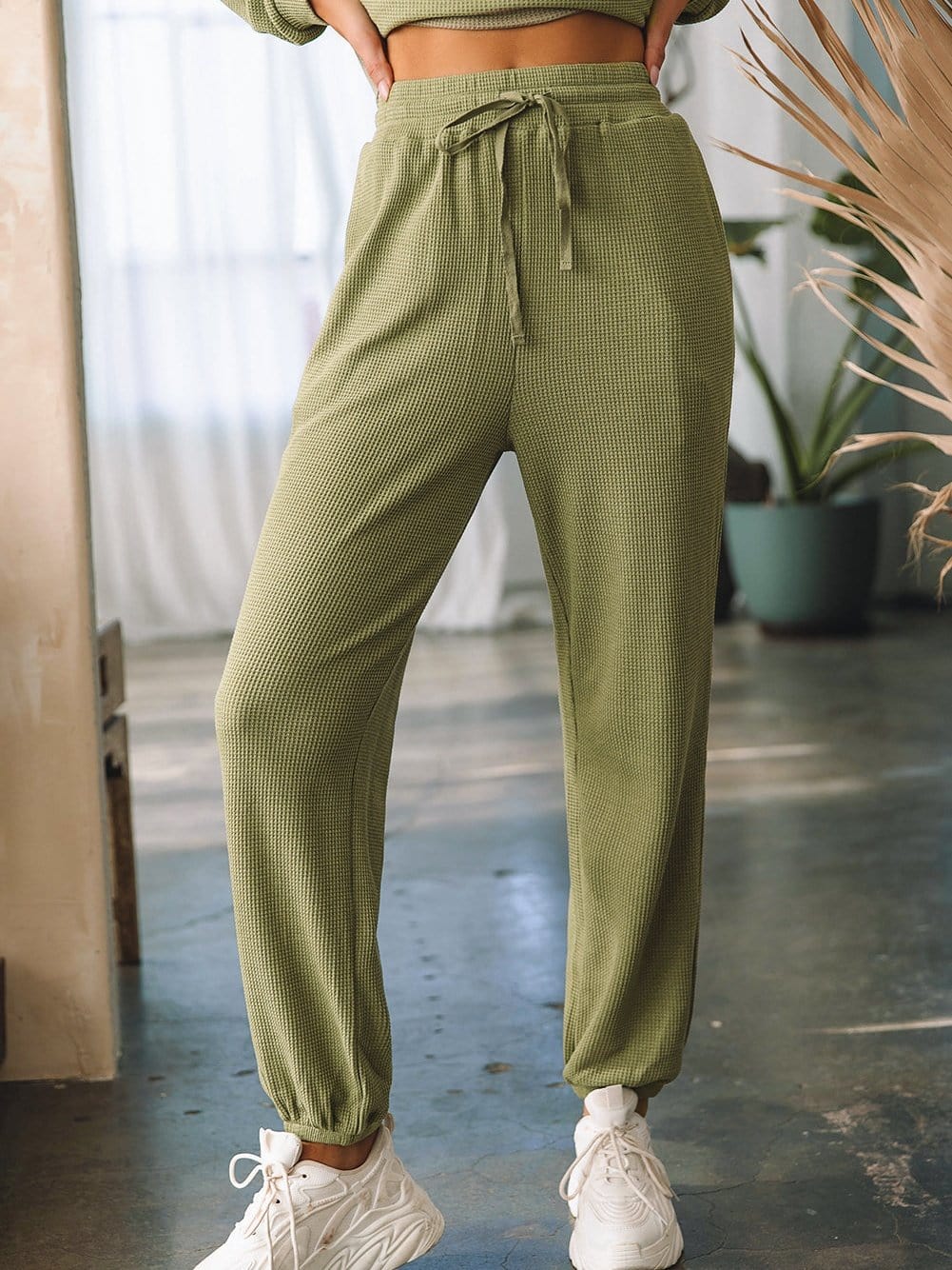 Cozy Green Waffle Knit Lounge Set with Long Sleeve Top and Drawstring Joggers