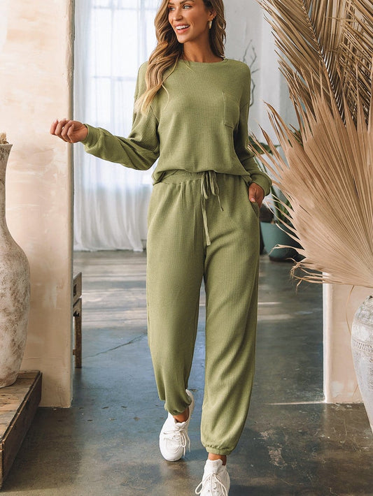 Cozy Green Waffle Knit Lounge Set with Long Sleeve Top and Drawstring Joggers