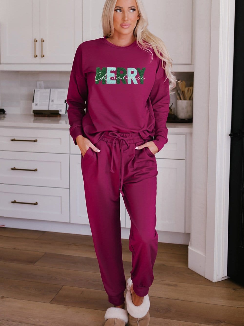 Cozy Red Christmas Letter Print Lounge Set with Joggers