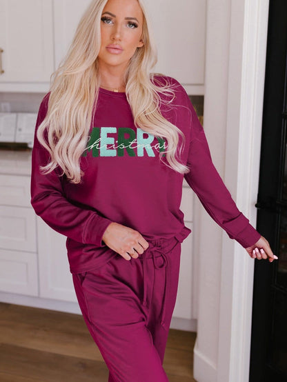 Cozy Red Christmas Letter Print Lounge Set with Joggers