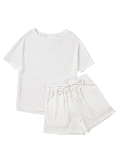 Cozy Waffle Knit White Shorts Set with Tee