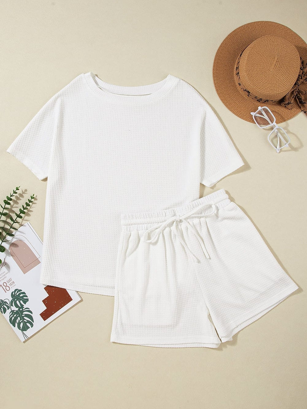 Cozy Waffle Knit White Shorts Set with Tee