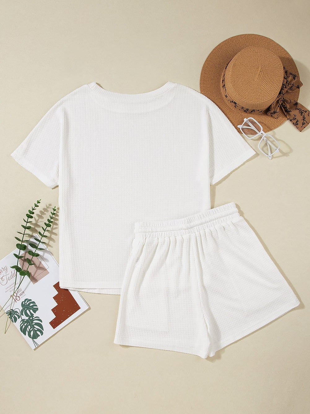 Cozy Waffle Knit White Shorts Set with Tee