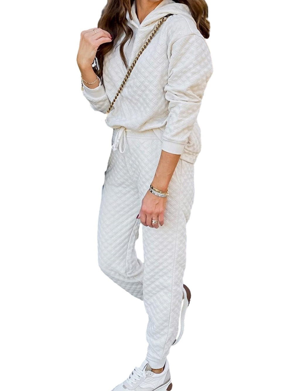 Cozy White Quilted Lounge Set with Hoodie and Joggers