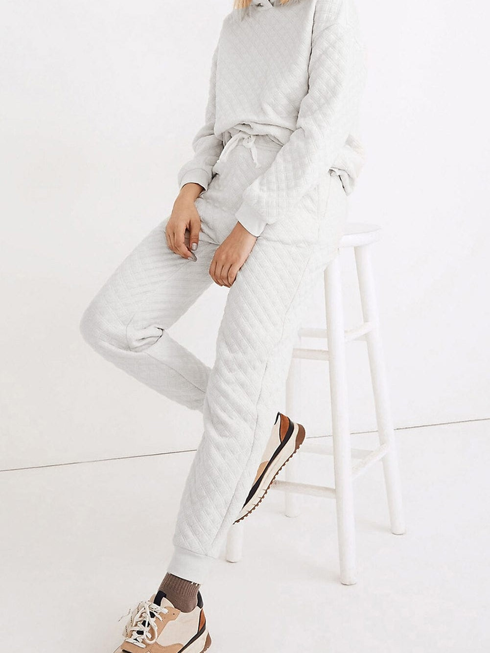 Cozy White Quilted Lounge Set with Hoodie and Joggers