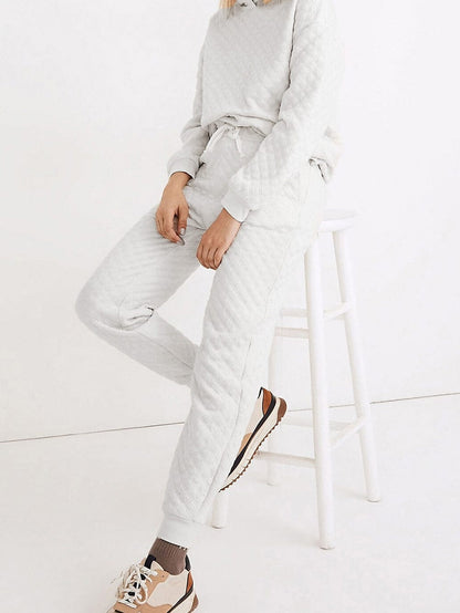 Cozy White Quilted Lounge Set with Hoodie and Joggers