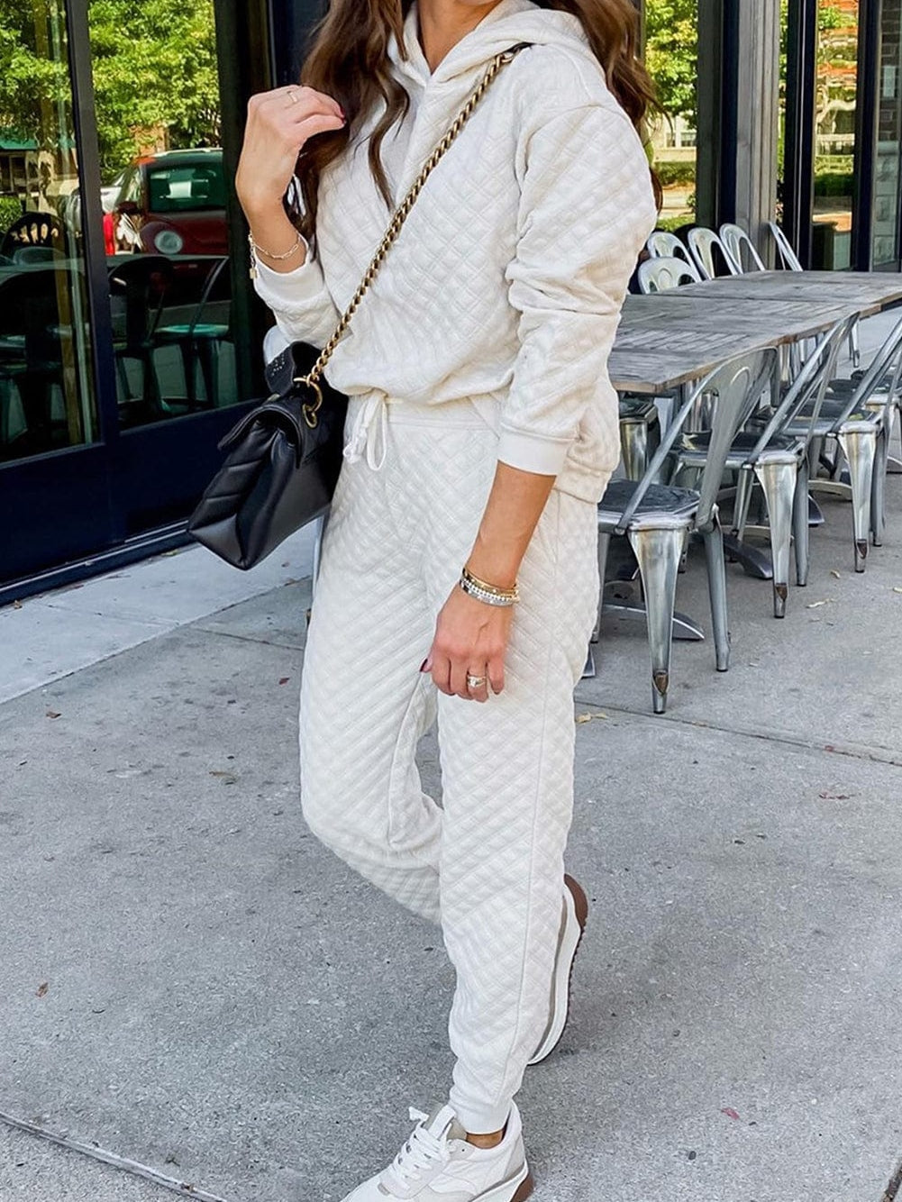 Cozy White Quilted Lounge Set with Hoodie and Joggers