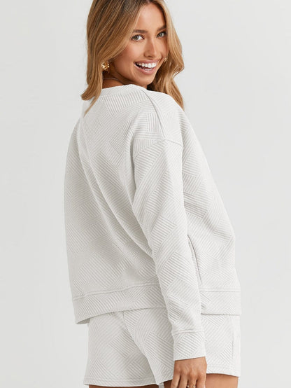 Cozy White Ribbed Lounge Set with Long Sleeves and Drawstring Shorts