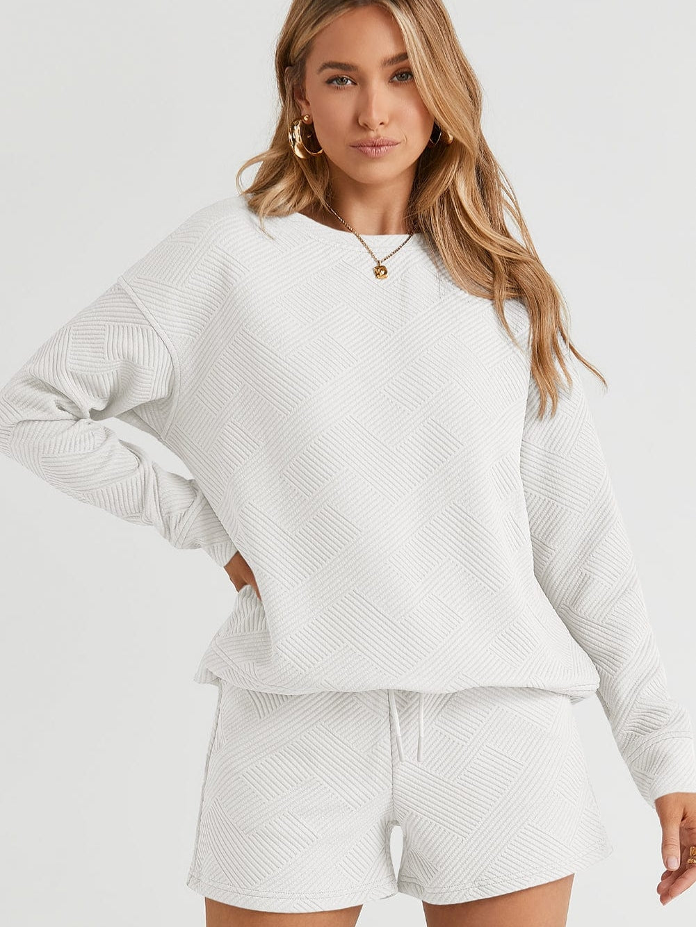 Cozy White Ribbed Lounge Set with Long Sleeves and Drawstring Shorts