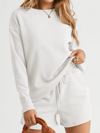 Cozy White Ribbed Lounge Set with Long Sleeves and Drawstring Shorts