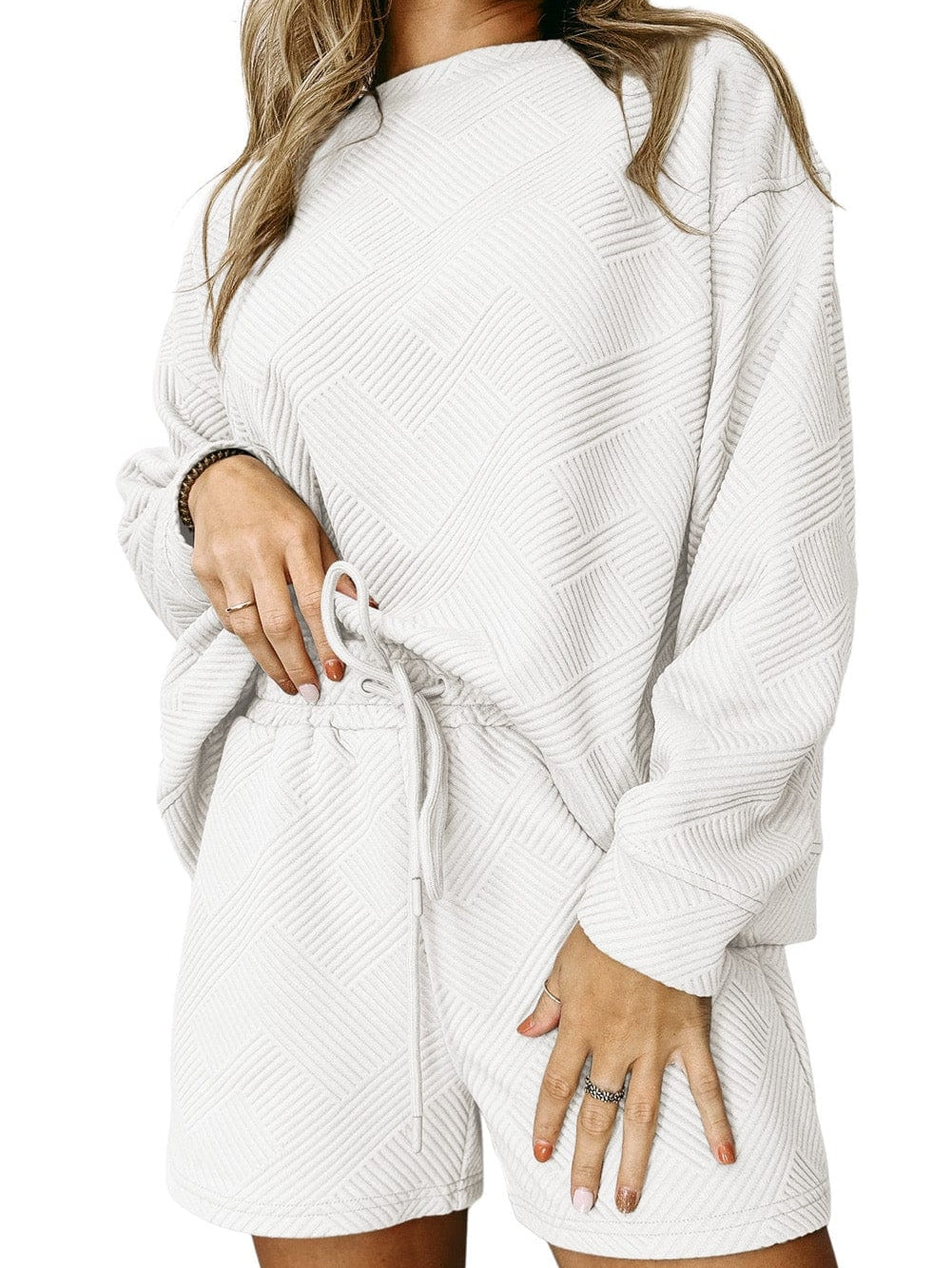 Cozy White Ribbed Lounge Set with Long Sleeves and Drawstring Shorts