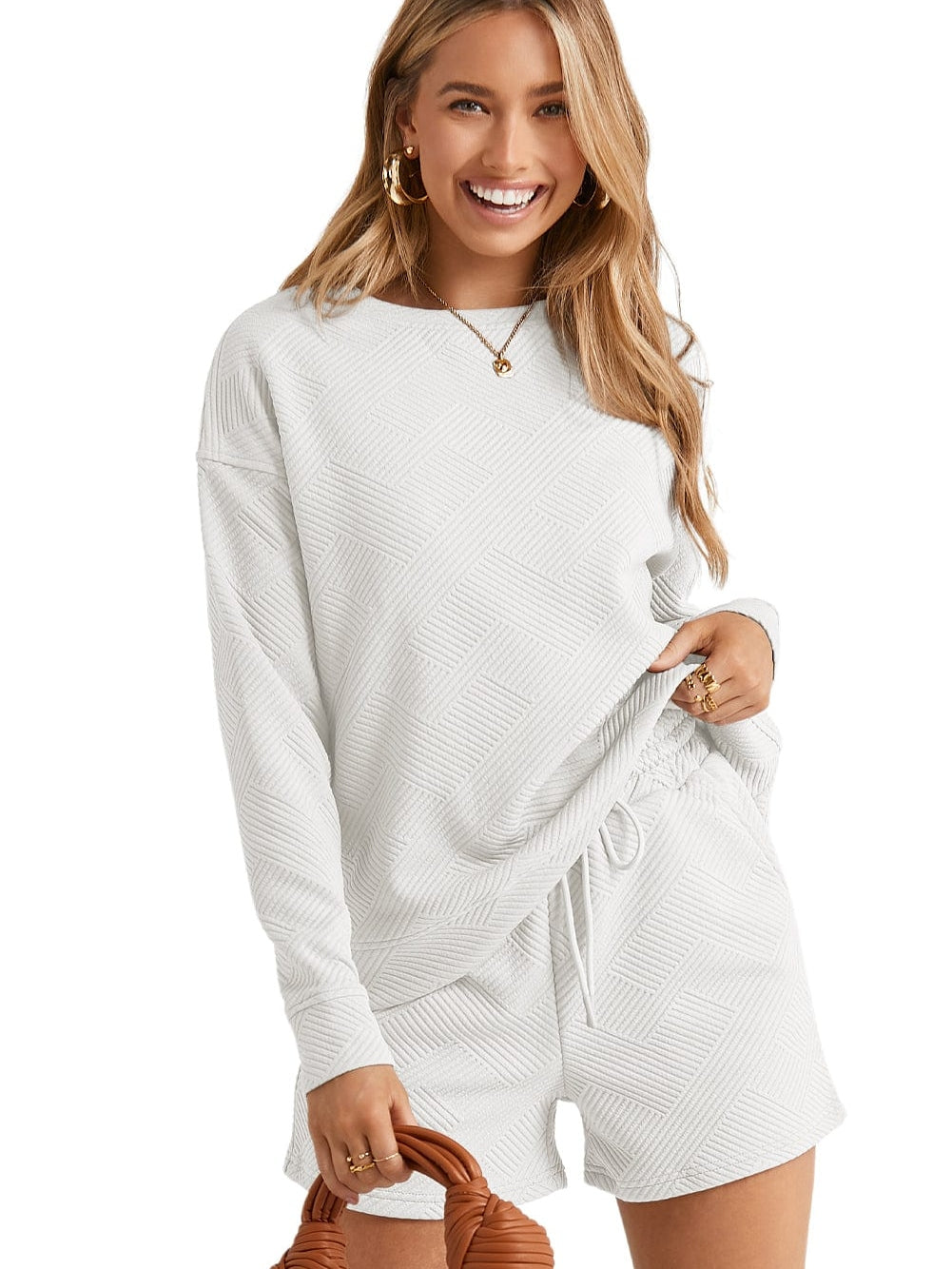 Cozy White Ribbed Lounge Set with Long Sleeves and Drawstring Shorts