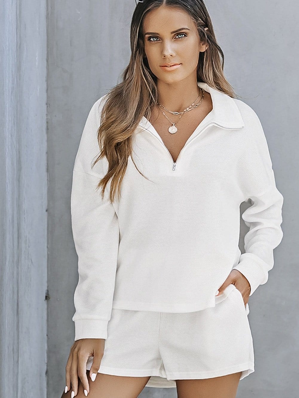 Cozy White Ribbed Zip-Up Sweater and High Waist Shorts Ensemble