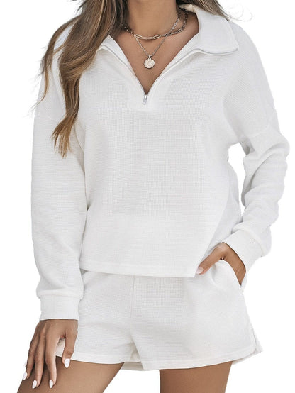 Cozy White Ribbed Zip-Up Sweater and High Waist Shorts Ensemble