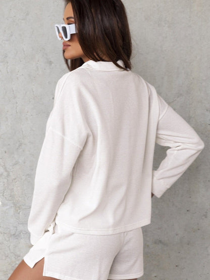 Cozy White Ribbed Zip-Up Sweater and High Waist Shorts Ensemble