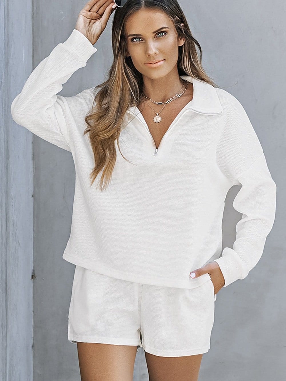 Cozy White Ribbed Zip-Up Sweater and High Waist Shorts Ensemble