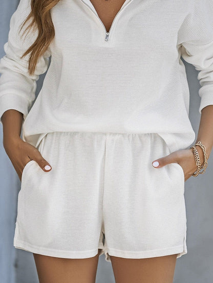 Cozy White Ribbed Zip-Up Sweater and High Waist Shorts Ensemble