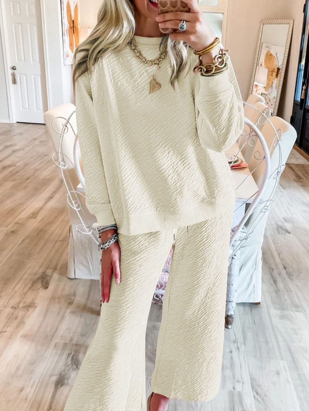 Cozy White Textured Lounge Set with Drawstring Pants