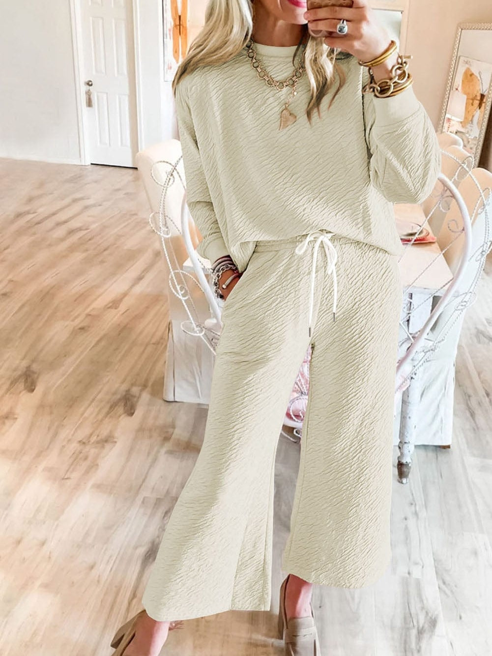 Cozy White Textured Lounge Set with Drawstring Pants